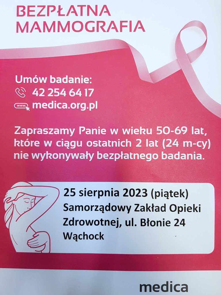 Bezpłatna mammografia w Wąchocku- plakat