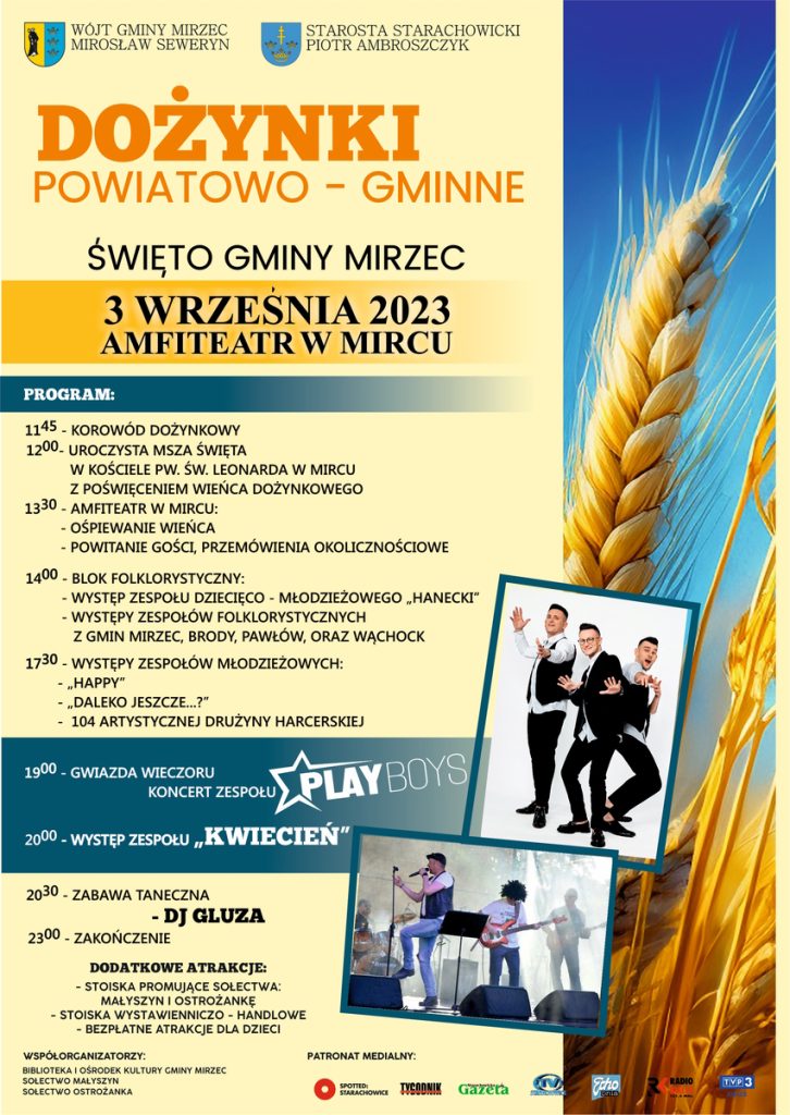 Plakat informacyjny o Powiatowo-gminnych dożynkach, które odbędą się 3 września w Mircu - Zaproszenie na dożynki powiatowe