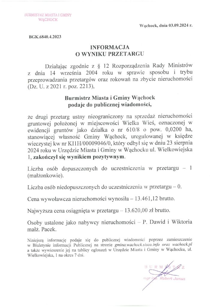 informacja o wyniku przetargu