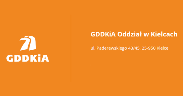 pomarańczowe tło z napisem: GDDKiA oraz rozwinięcie tego skrótu. A także adres: ul. Paderewskiego43/45 Kielce 