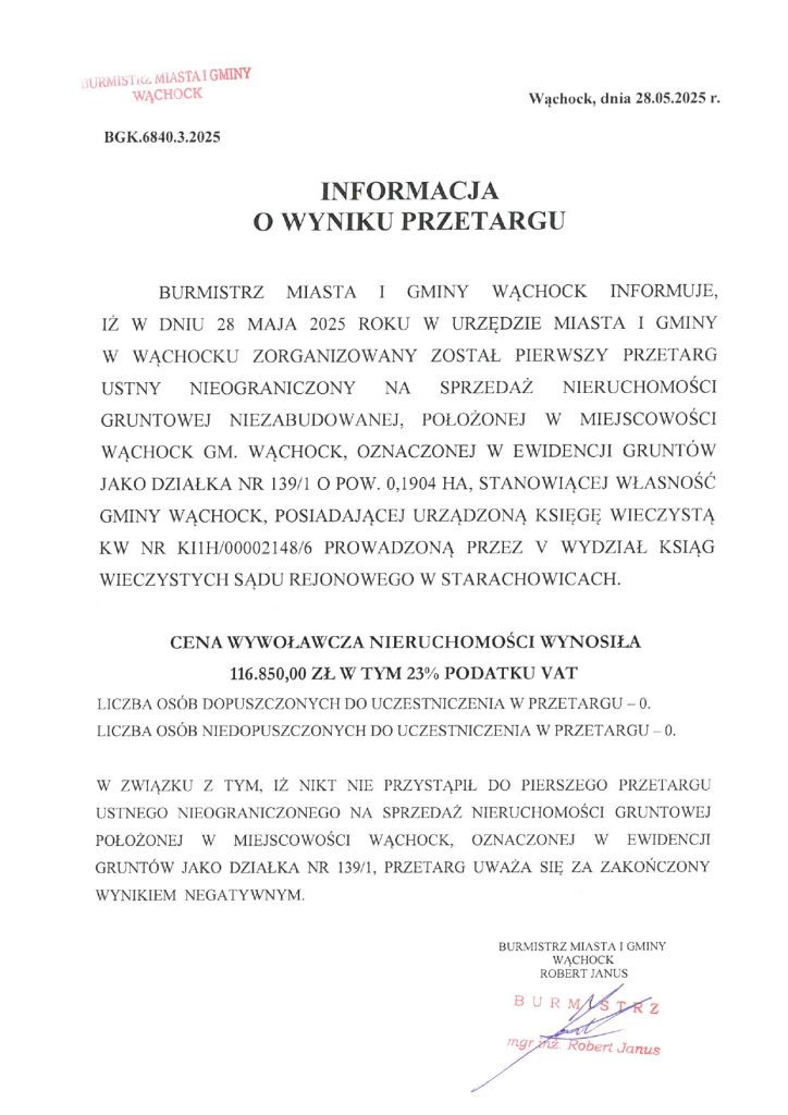 informacja o wyniku przetargu - skan dokumentu