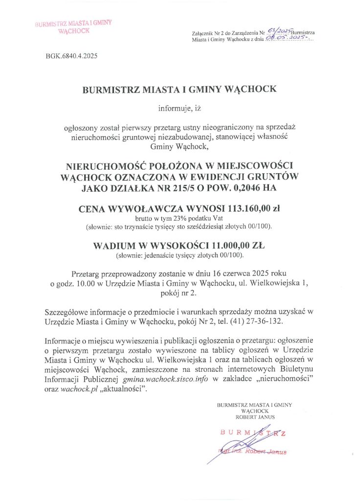 informacja burmistrza o ogłoszonym przetargu