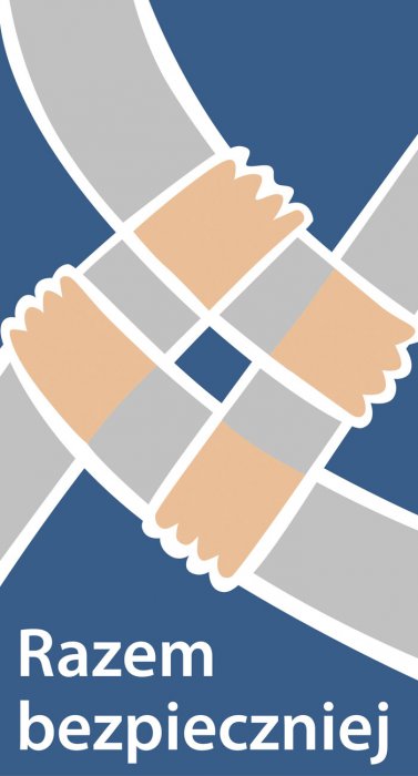 grafika trzymających się za nadgarstki czterech rąk w odcieniach niebieskiego, napis Razem bezpieczniej, wszystko na ciemnym, niebieskim tle
