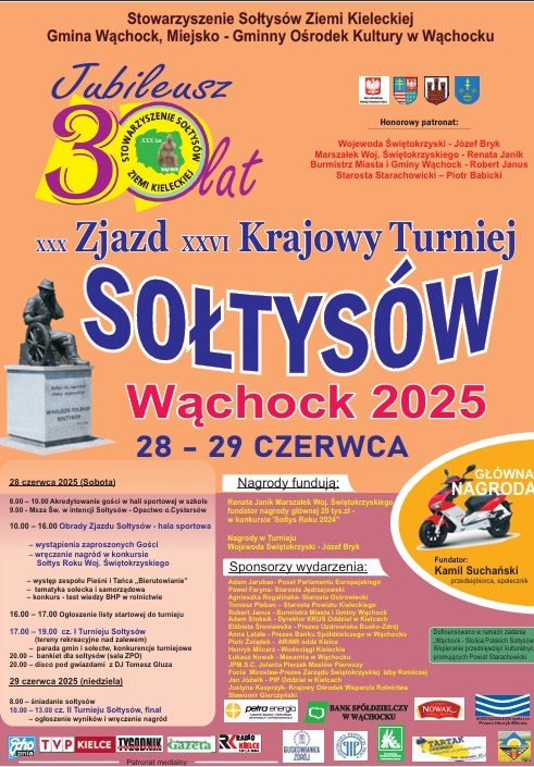 Plakat informacyjny wydarzenia: Jubileusz 30-lecia Stowarzyszenia Sołtysów Ziemi Kieleckiej oraz XXX Zjazd i XXVI Krajowy Turniej Sołtysów
Miejsce i data:
Wąchock 2025
28–29 czerwca
Organizatorzy:
Stowarzyszenie Sołtysów Ziemi Kieleckiej
Gmina Wąchock
Miejsko-Gminny Ośrodek Kultury w Wąchocku
Honorowy patronat:
Wojewoda Świętokrzyski – Józef Bryk
Marszałek Woj. Świętokrzyskiego – Renata Janik
Burmistrz Miasta i Gminy Wąchock – Robert Janus
Starosta Starachowicki – Piotr Babicki
Program 28 czerwca (sobota):
8:00 – Akredytacja gości w hali sportowej
9:00 – Msza święta z poświęceniem sztandaru
10:00–16:00 – Obrady Zjazdu Sołtysów
16:00 – Wystąpienia zaproszonych gości
16:30 – Rozpoczęcie turniejów sołeckich:
Rzut beretem sołtysa
Wbijanie gwoździa
Przeciąganie liny
Toczenie balota
Rzut workiem słomy
18:00 – Uroczystości przy Pomniku Sołtysa
18:15 – Uroczyste listy od władz
18:30 – Koncerty i występy artystyczne (Kapela Sołtysa, Zespół Wiarusy, Zespół Pieśni i Tańca Żeromszczyzna)
22:00 – Zabawa taneczna z zespołem Gluza
Nagrody fundują:
Renata Janik – Marszałek Woj. Świętokrzyskiego
Józef Bryk – Wojewoda Świętokrzyski
Nagroda turniejowa – Józef Bryk
Główna nagroda – Kamil Suchański (przedsiębiorca i mecenas wydarzenia)
Sponsorzy wydarzenia:
Długa lista sponsorów (lokalni przedsiębiorcy, firmy prywatne, instytucje)
Logotypy mediów i patronów medialnych:
TVP3 Kielce, Echo Dnia, Tygodnik Starachowicki, Radio Kielce, i inne
Motywy graficzne:
Pomnik Sołtysa
Duży napis „Sołtysów”
Logo Stowarzyszenia
Główna nagroda – motor na ilustracji