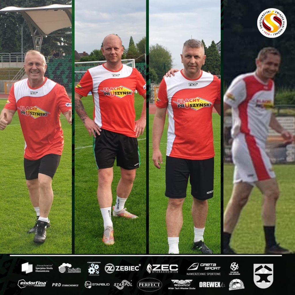 Zdjęcie przedstawia czterech piłkarzy na murawie, w tle ławki stadionu, panowie ubrani w biało - czerwone koszulki i czarne spodenki