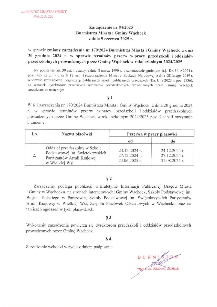 treść zarządzenia z podpisem burmistrza miasta i gminy wąchock