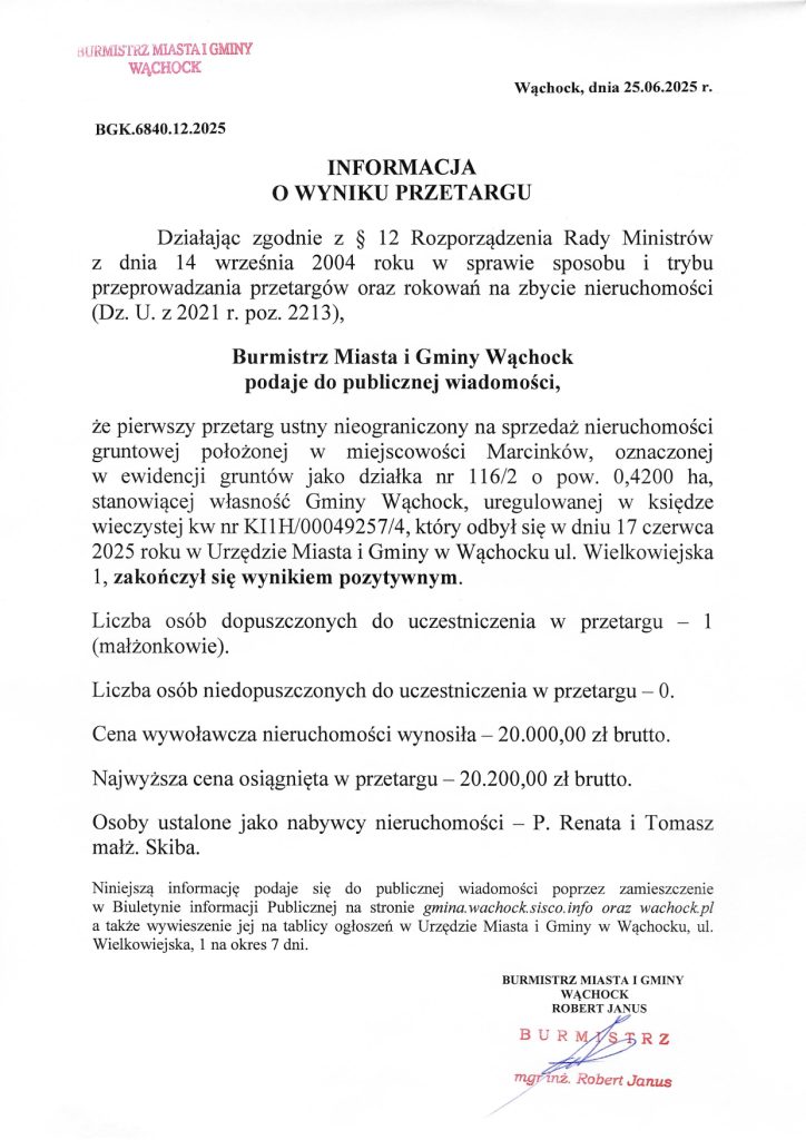 Wyniki przetargu - Marcinków