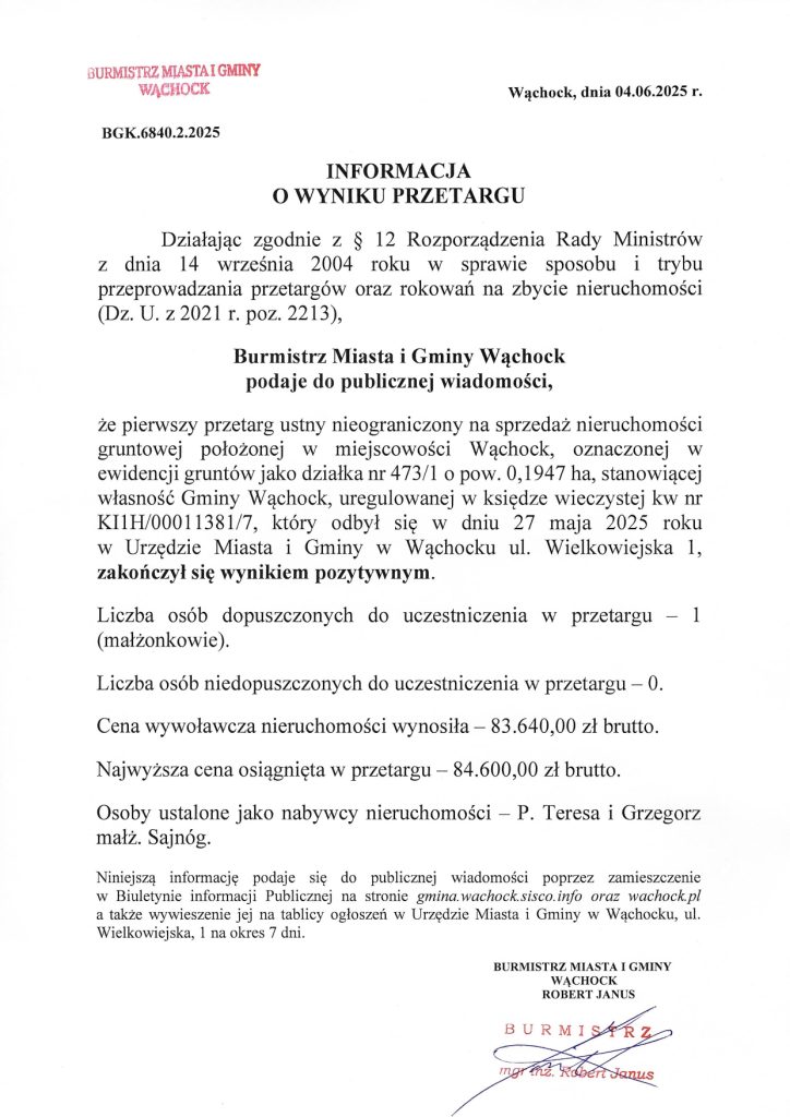 informacja o wyniku przetargu - treść