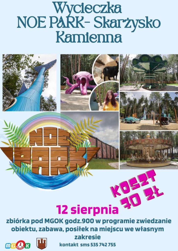 Kolorowa ulotka reklamująca Noe Park w Skarżysku-Kamiennej, prezentująca różnorodne atrakcje, takie jak zjeżdżalnie, place zabaw i karuzela.