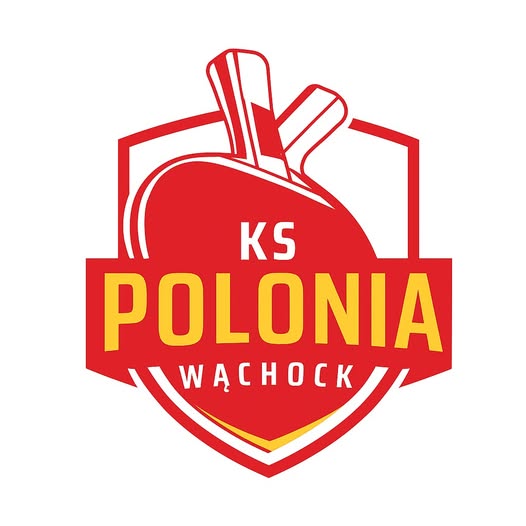 Logo KS Polonia Wąchock przedstawiające czerwone paletki do tenisa umieszczone w kształcie tarczy, symbolizujące klub sportowy.