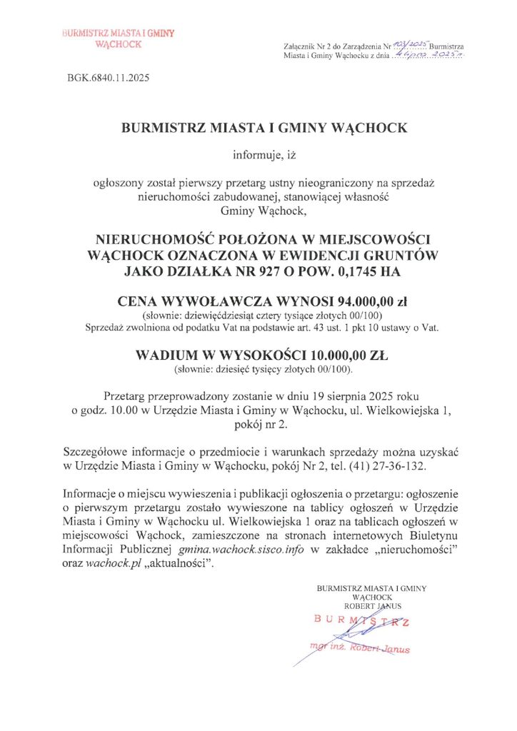 informacja o ogłoszonym przetargu - treść