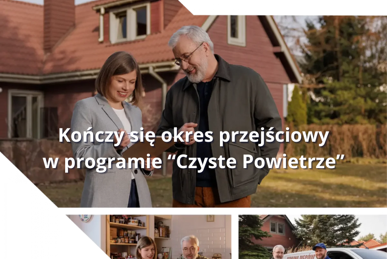 Obrazek przedstawia kilka połączonych ze sobą zdjęć, na których znajdują się zadowoleni ludzie, na jednym starszy, siwy pan patrzy w dokumenty, które pokazuje mu młoda kobieta z jasnymi włosami do uszu, w szarej marynarce, za nimi znajduje się brązowy, kamienno-drewniany dom z białymi ramami okien, poniżej en sam mężczyzna siedzi z tą kobietą przy stole i dyskutują przy otwartym laptopie, kolejne zdjęcie przedstawia tego mężczyznę, który ściska dłoń ubranego w niebieski uniform i czapkę z daszkiem, za nimi biały bus z czerwonym napisem: naprawa pieców