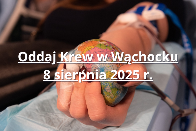 Dłoń trzymająca kulę ziemską podłączona do stanowiska do oddawania krwi, promująca akcję poboru krwi w Wąchocku 8 sierpnia 2025 r.