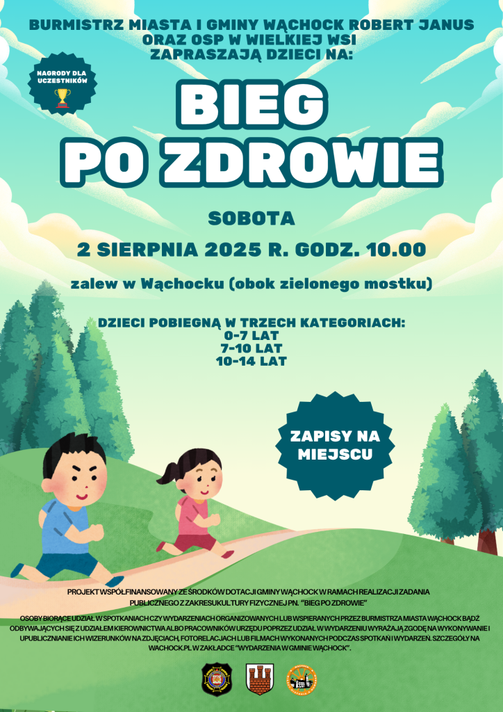 Kolorowy plakat wydarzenia biegowego dla dzieci pod nazwą „Bieg po zdrowie”, zaplanowanego na 2 sierpnia 2025 r. w Wąchocku.