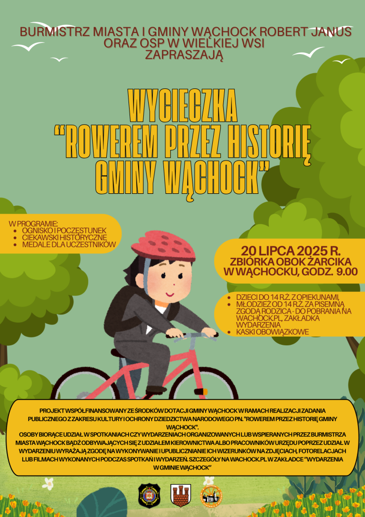 Kolarz w czerwonym kasku przemierza bujny, zielony krajobraz, promując wydarzenie poświęcone kolarstwu w historii gminy Wąchock.
