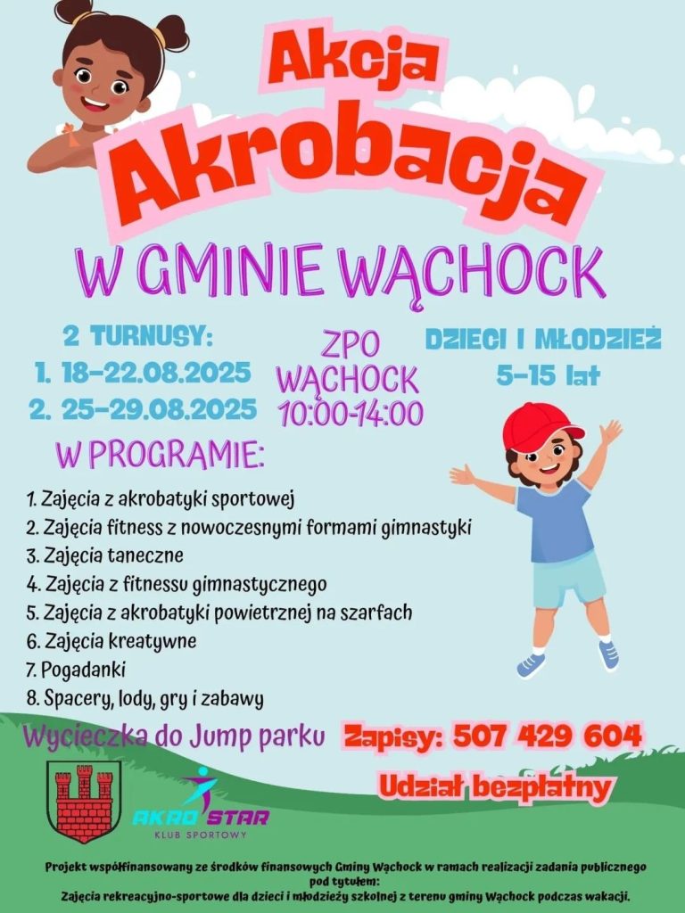 Kolorowy plakat promujący zajęcia akrobatyczne dla dzieci, ze szczegółowymi informacjami na temat dat, zajęć i bezpłatnego uczestnictwa w zajęciach w społeczności Wachock.