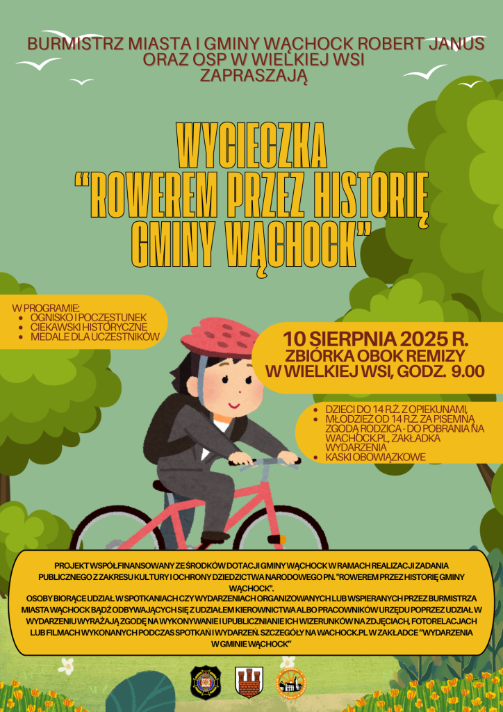 Kolarz w czerwonym kasku przemierza bujny, zielony krajobraz, promując wydarzenie poświęcone kolarstwu w historii gminy Wąchock.