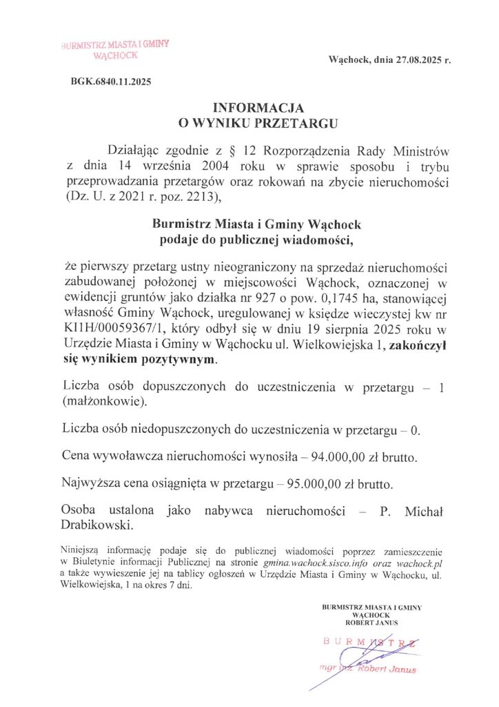 Zeskanowany dokument podpisany przez burmistrza - informacja o wyniku przetargu