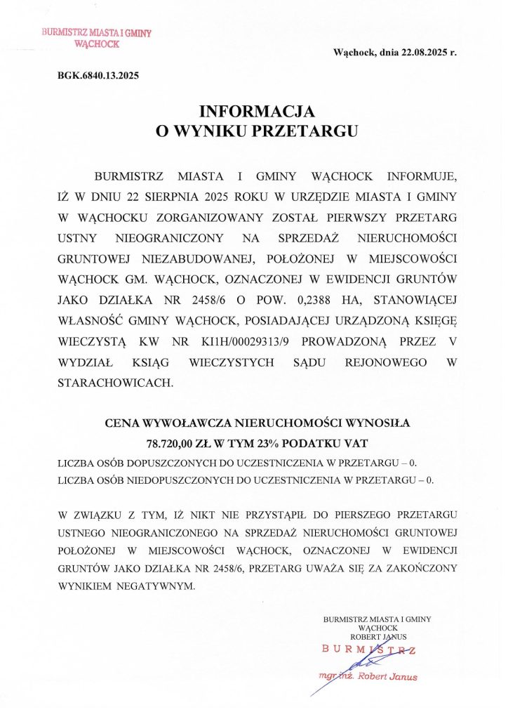 treść informacji o wyniku przetargu