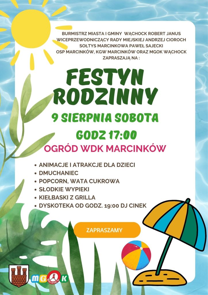 Plakat reklamujący festiwal rodzinny 9 sierpnia, z atrakcjami, jedzeniem i DJ-em na tle tętniącej życiem letniej atmosfery.