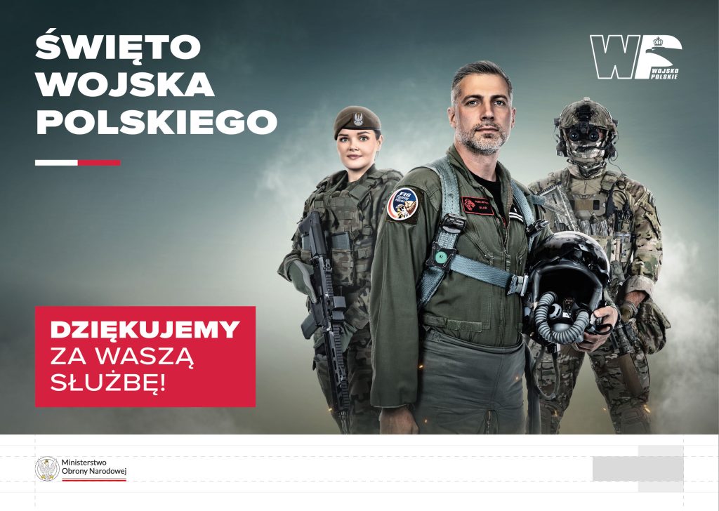 Trzech żołnierzy stoi razem, ubranych w mundury pilota i dwóch uzbrojonych żołnierzy, na tle chmur i przesłania z podziękowaniami.