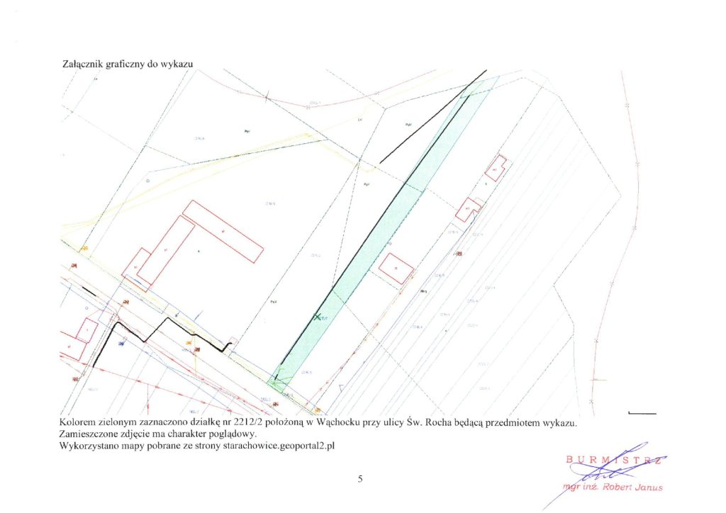 mapka - Kolorem zielonym zaznaczono działkę nr 2212/2 położoną w Wąchocku przy ulicy Św. Rocha będącą przedmiotem wykazu.
Zamieszczone zdjęcie ma charakter poglądowy.
Wykorzystano mapy pobrane ze strony starachowice.geoportal2.pl 
