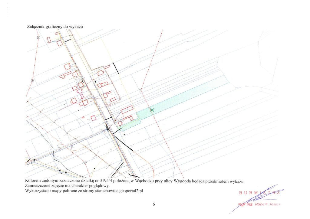 mapka - Kolorem zielonym zaznaczono działkę nr 3195/4 położoną w Wąchocku przy ulicy Wygoda będącą przedmiotem wykazu.
Zamieszczone zdjęcie ma charakter poglądowy.
Wykorzystano mapy pobrane ze strony starachowice.geoportal2.pl
