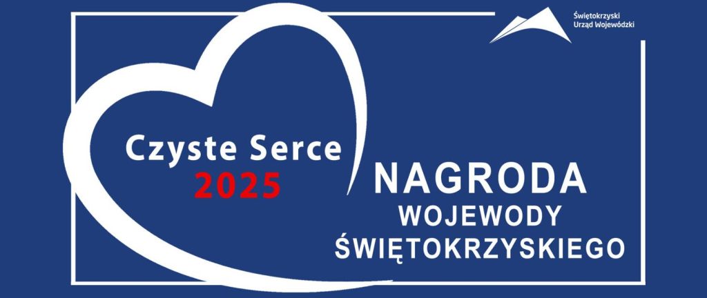 Logo nagrody „Czyste Serce 2025” przedstawiające kontur serca i tekst w języku polskim, prezentowane na ciemnoniebieskim tle.