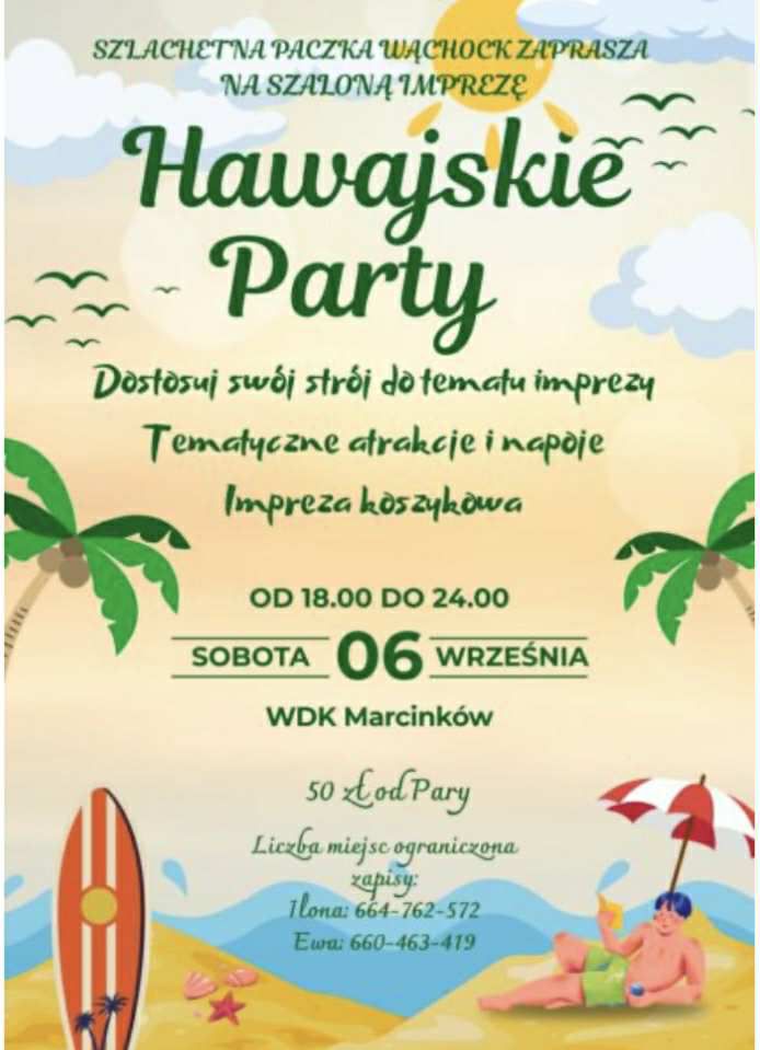 Kolorowa ulotka na imprezę w stylu hawajskim, z motywem palm, deski surfingowej i relaksem na leżaku plażowym, wzbogacona zabawnymi szczegółami.