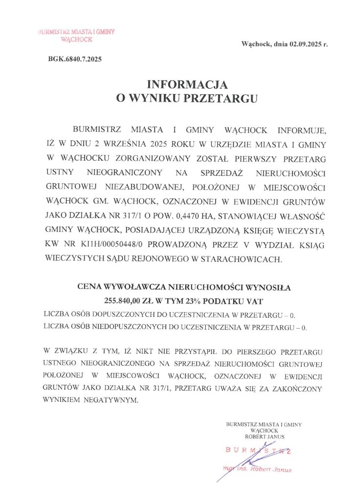 Treść Informacji o wyniku przetargu - jak w tekście.