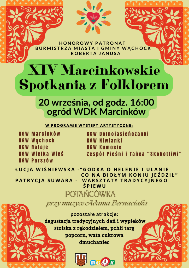 Kolorowy plakat XIV Marcinkowskich Spotkań Folklorystycznych, szczegółowo opisujący występy i zajęcia, datowany na 20 września, godz. 16.00, w WDK Marcinków.