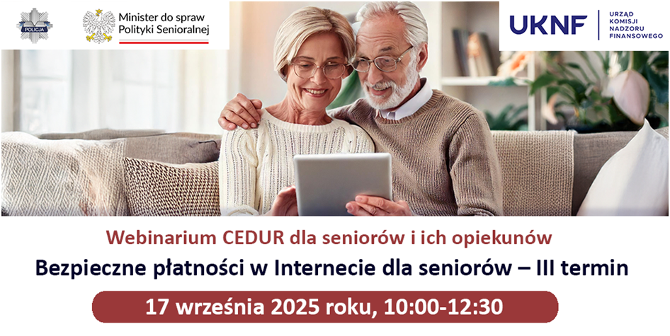 Starsze małżeństwo uczestniczy w webinarium o bezpiecznych płatnościach online, siedząc razem z laptopem na kolanach.