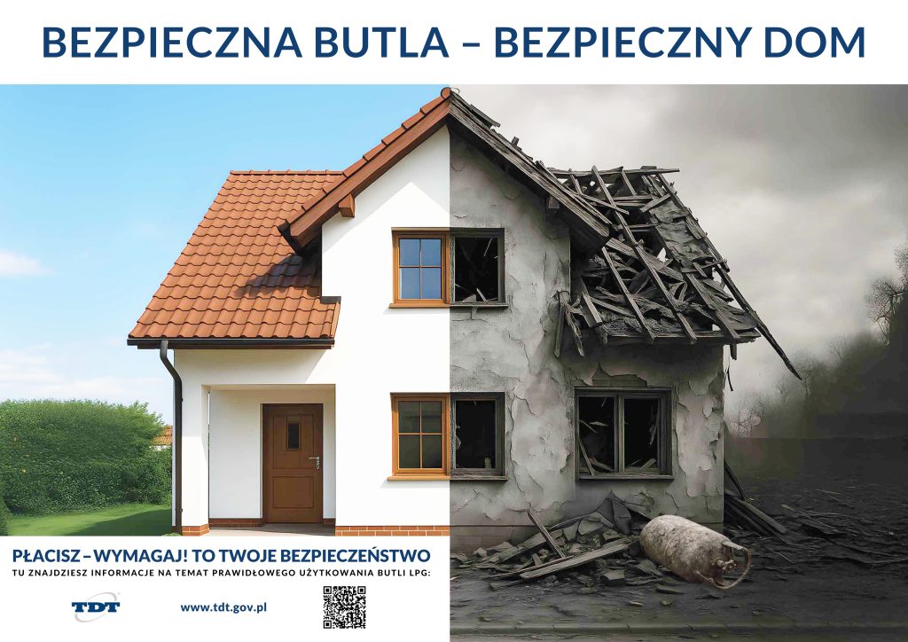 Podzielony obraz dobrze utrzymanego domu po jednej stronie i spalonego, uszkodzonego domu po drugiej, co podkreśla świadomość bezpieczeństwa w zakresie gazu.