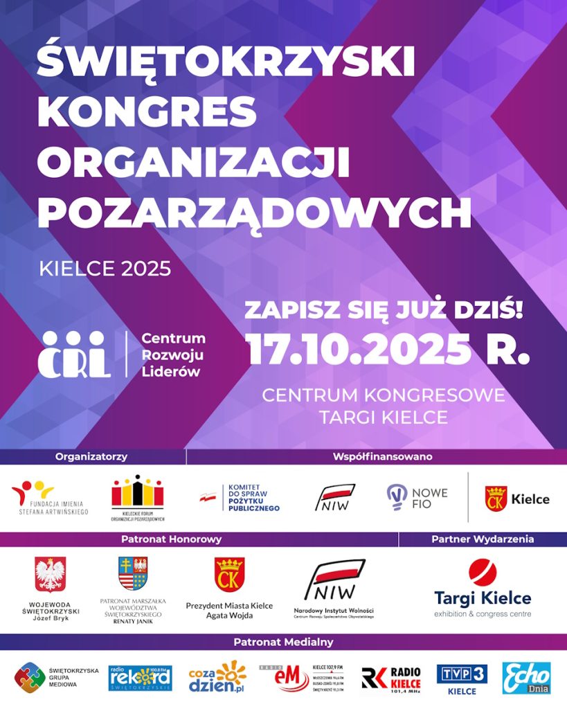 Plakat promocyjny Świętokrzyskiego Kongresu Organizacji Pozarządowych w Kielcach, zaplanowanego na 17 października 2025 r.