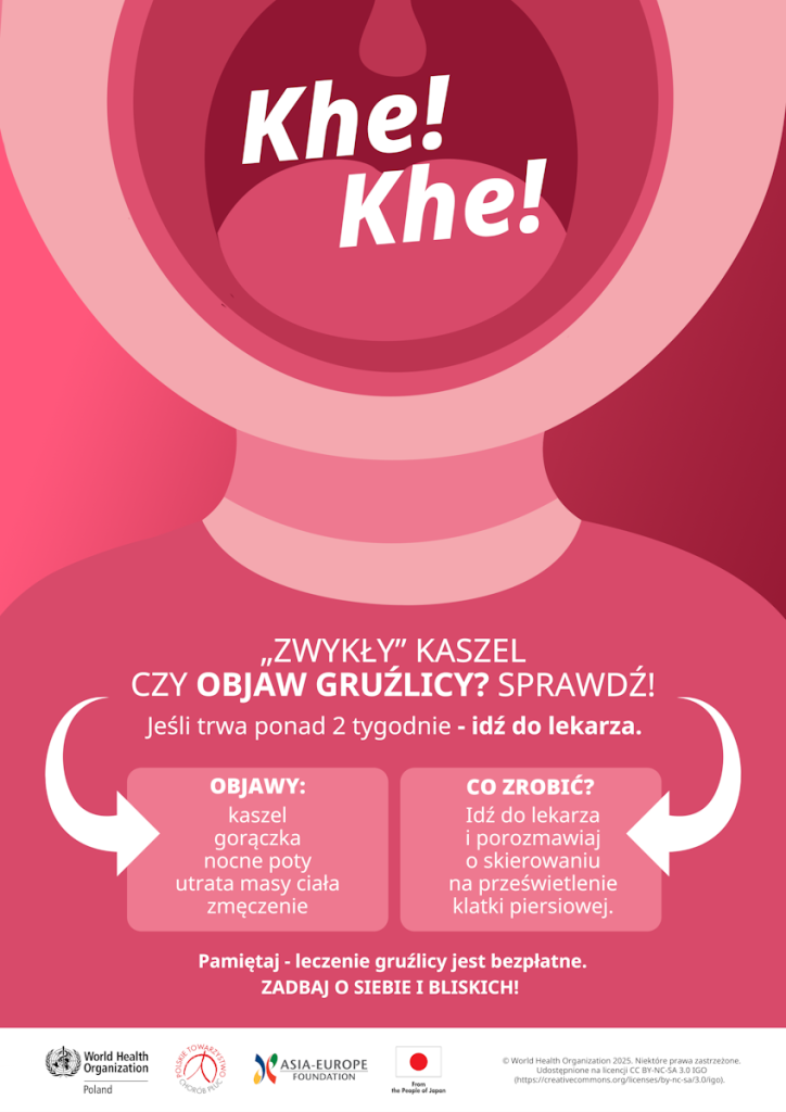 Plakat informacyjny informujący o objawach gruźlicy i konieczności konsultacji z lekarzem w przypadku uporczywego kaszlu.