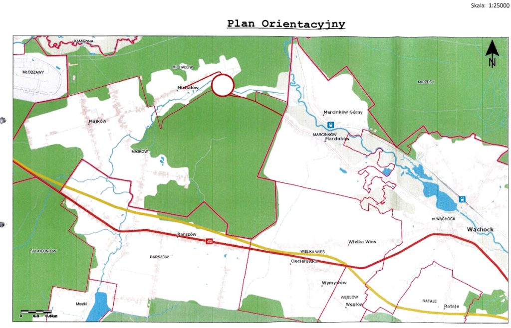 Mapa przedstawiająca układ różnych regionów, dróg i zbiorników wodnych na tle zielonego krajobrazu, ze strzałką wskazującą północ i skalą.