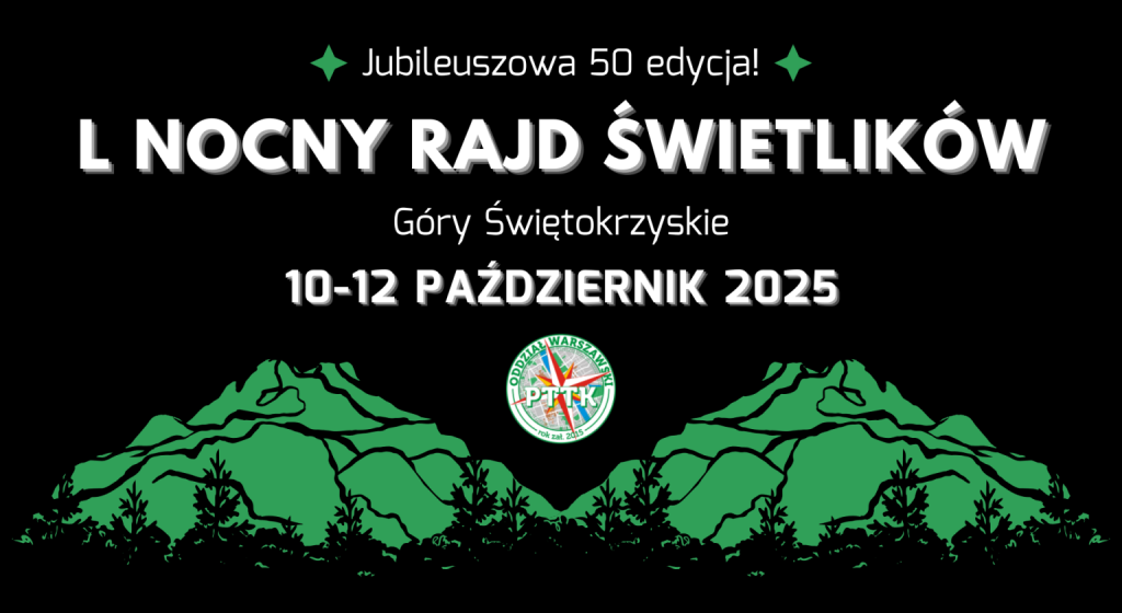 Plakat promujący 50. Nocny Marsz Świetlików w Górach Świętokrzyskich, zaplanowany na 10-12 października 2025 r.
