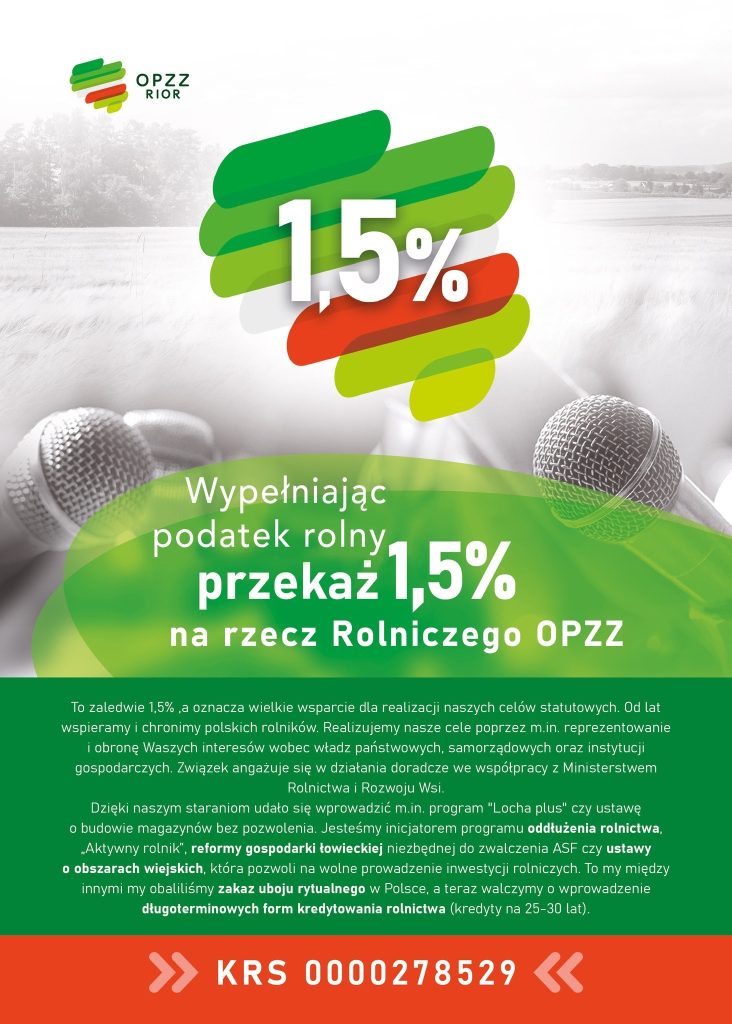 Plakat informacyjny promujący przekazanie 1,5% podatku rolnego na rzecz Związku Rolniczego OPZZ w Polsce.