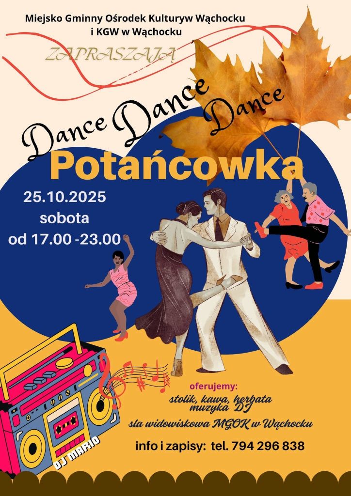 Barwny plakat promujący imprezę taneczną zatytułowaną „Potańcówka” w dniu 25 października 2025 r., przedstawiający tancerzy i szczegóły wydarzenia.