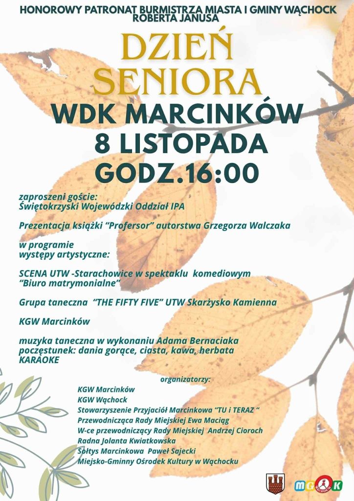 Plakat promujący „Dzień Seniora” 8 listopada w WDK Marcinków, na który składać się będą programy artystyczne, prezentacja książek i poczęstunek.