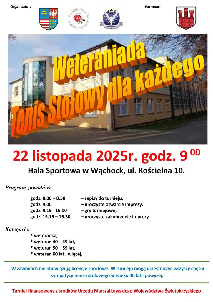 Plakat wydarzenia promującego turniej tenisa stołowego dla weteranów, zaplanowany na 22 listopada 2025 r. w Hali Sportowej w Wąchocku.