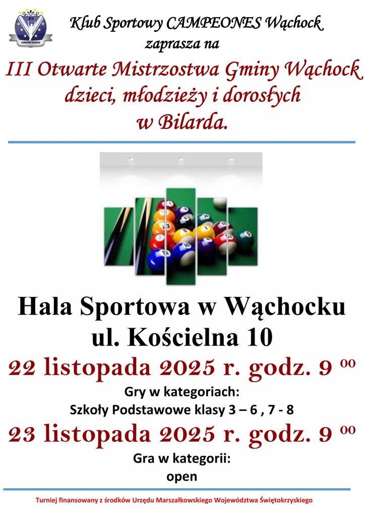 Plakat wydarzenia III Otwartych Mistrzostw w Bilard, Wąchock, przedstawiający kolorowe bile bilardowe i szczegóły turnieju.
