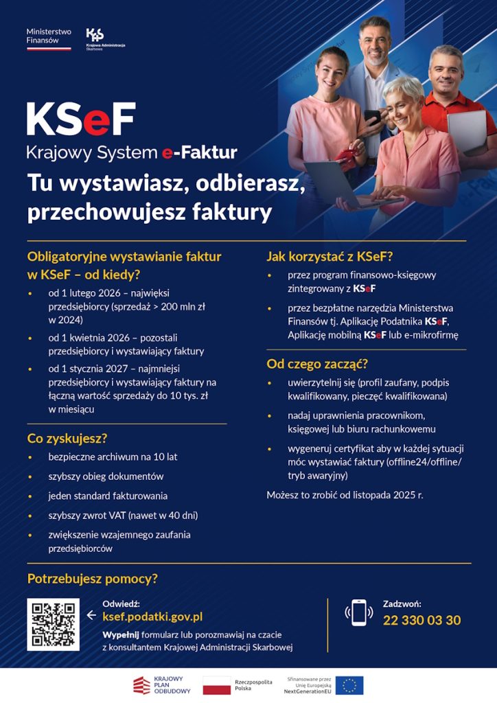 Plakat informacyjny na temat KSeF, Krajowego Systemu e-Faktury w Polsce, przedstawiający sposób korzystania, wymagania, korzyści i dane kontaktowe.