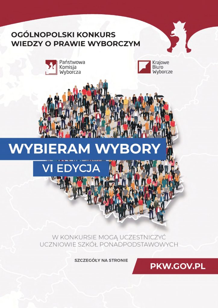 Plakat ogólnopolskiego konkursu wiedzy o prawie wyborczym w Polsce, przedstawiający różne osoby i szczegóły dotyczące uczestnictwa.