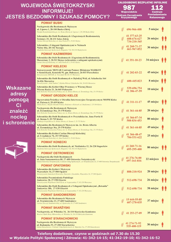 Plakat z informacjami o miejscach, w których osoby w kryzysie bezdomności będą mogły uzyskać pomoc w okresie jesienno-zimowym w województwie świętokrzyskim.