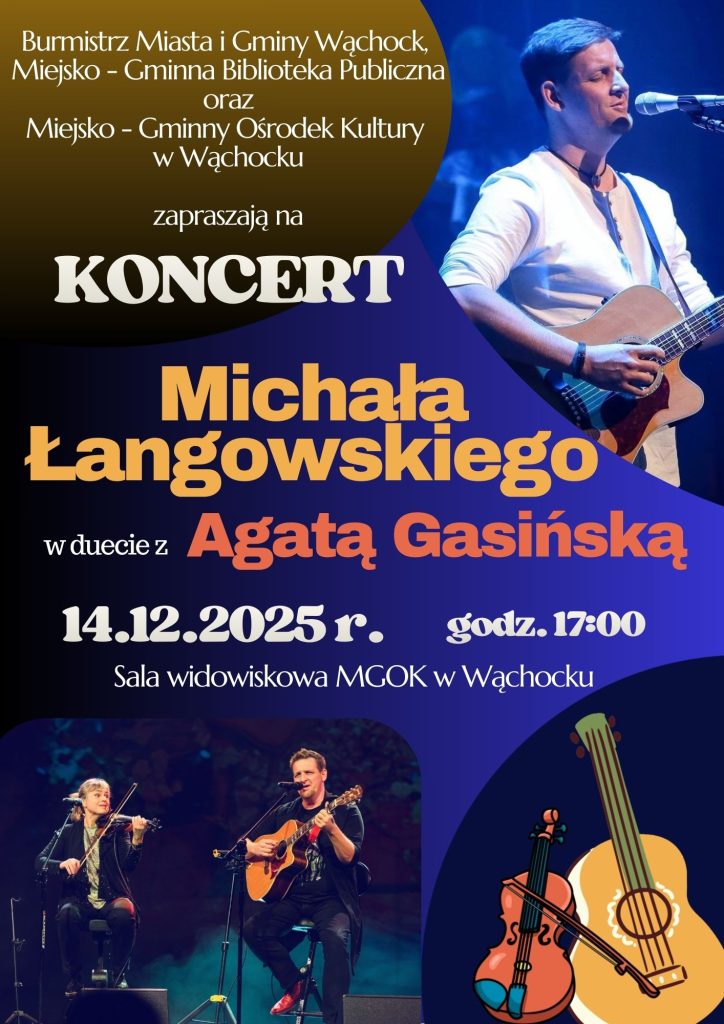 Plakat promocyjny koncertu Michała Łangowskiego i Agaty Gasińskiej w dniu 14 grudnia 2025 roku w Wąchocku, z ilustracją gitar.