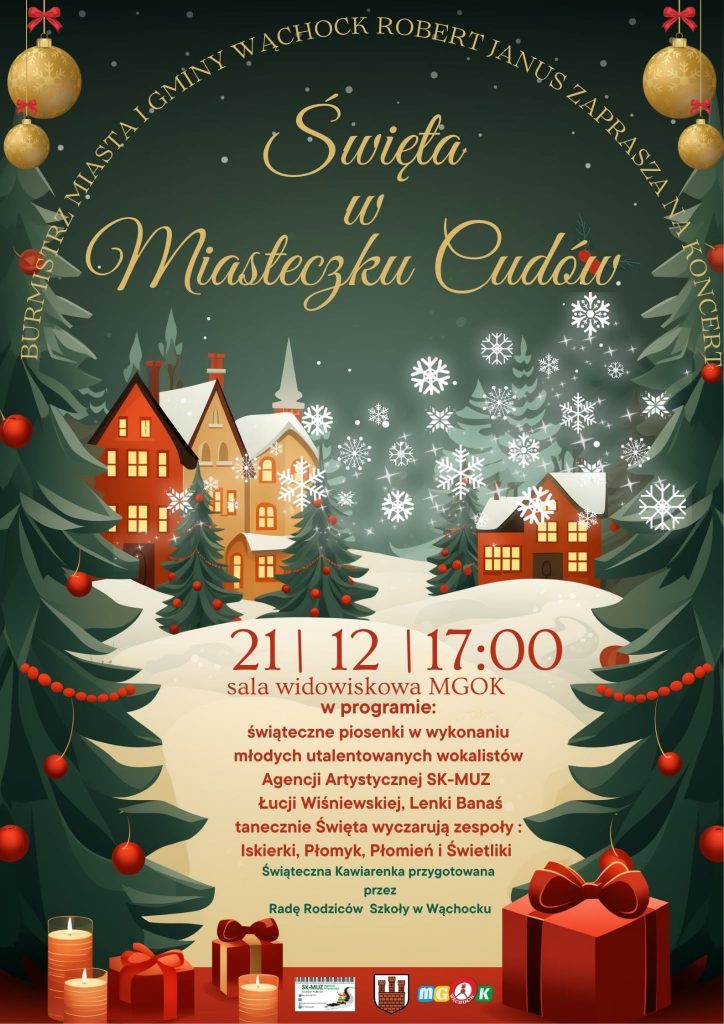 Świąteczny plakat koncertowy przedstawiający płatki śniegu, choinki i domy, zapowiadający wydarzenie, które odbędzie się 21 grudnia w MGOK.