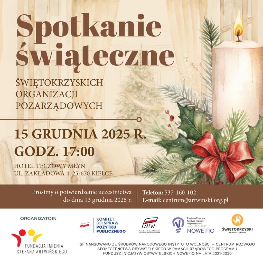 Zaproszenie na uroczyste spotkanie świętokrzyskich organizacji pozarządowych w dniu 15 grudnia 2025 r. w Hotelu Tęczowy Młyn w Kielcach.