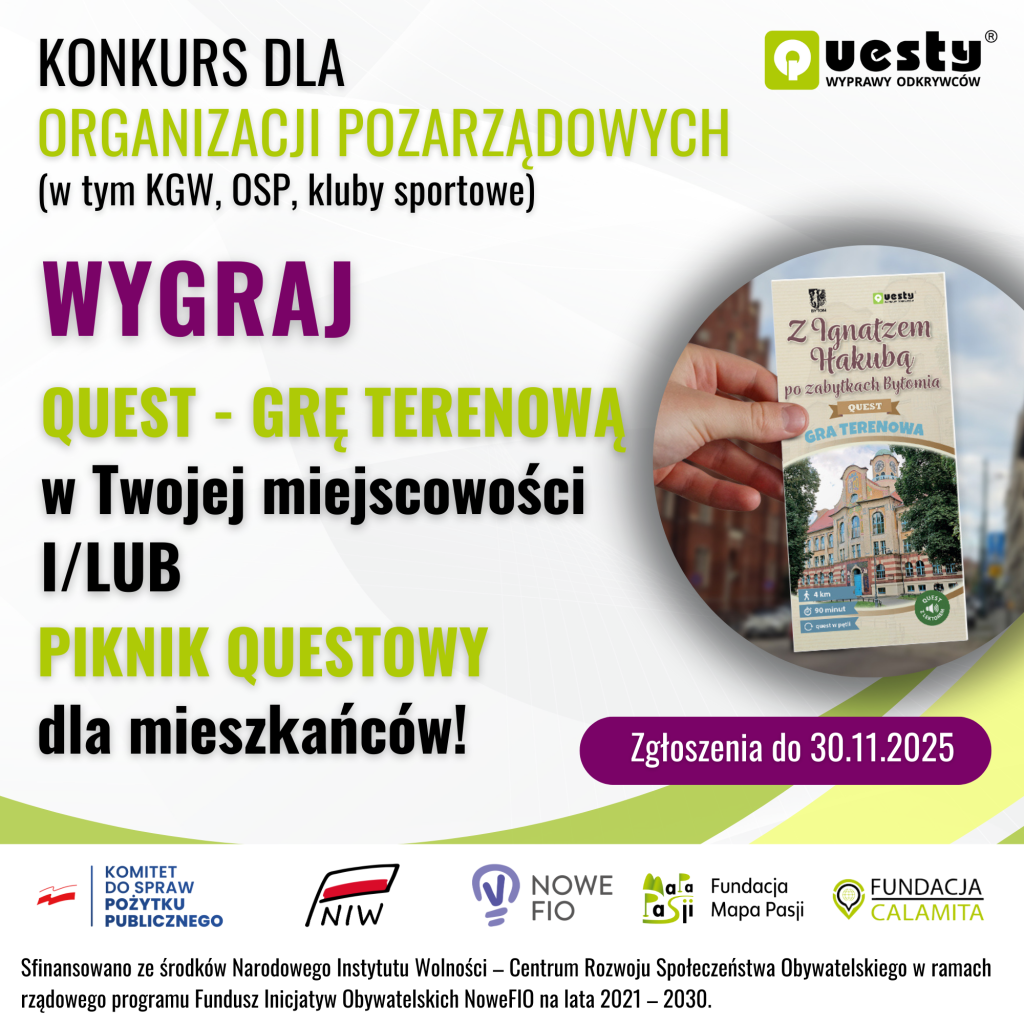 Grafika promocyjna konkursu dla organizacji pozarządowych, zawierająca tekst o grze zadaniowej i pikniku społecznościowym, różne logotypy i termin składania wniosków.