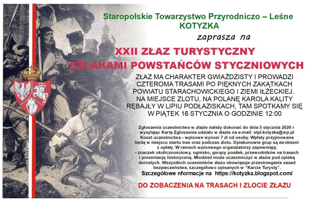 Plakat promocyjny imprezy turystycznej zatytułowanej „XXII Złaz Turystyczny” z informacjami o trasach i spotkaniu w języku polskim.